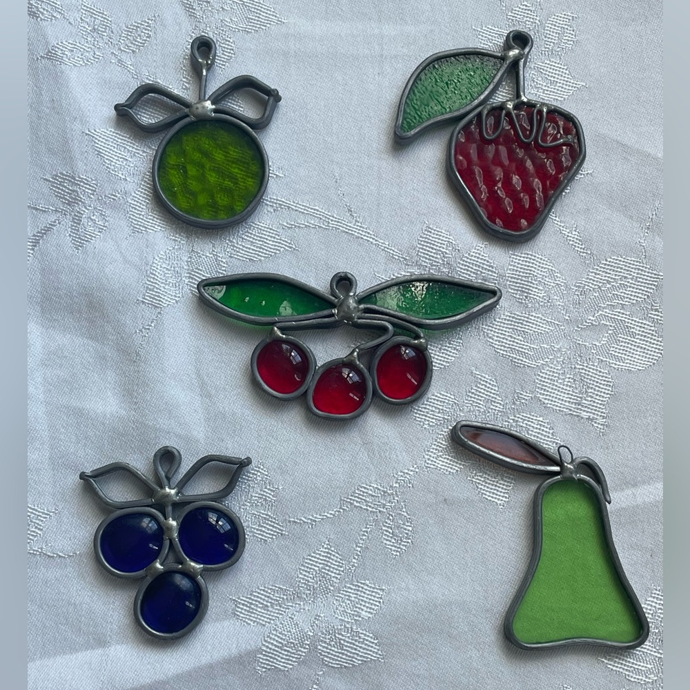 Vtg Leaded Stained Glass Fruit Suncatchers Grapes Strawberry Cherries Pear Lot 5